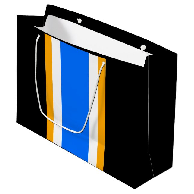 Fun Bright Blue Black White Yellow Racing Stripes Large Gift Bag (Front Angled)