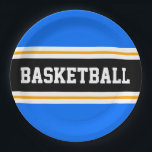 Fun Bright Blue Black Yellow BASKETBALL Stripes Paper Plate<br><div class="desc">This sporty design features bold BASKETBALL text inside a wide black horizontal centre racing stripe highlighted with twin floating white pinstripes against bright blue outer stripes.  The text can be personalised.</div>