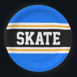 Fun Bright Blue Black Yellow SKATE Racing Stripes Paper Plate<br><div class="desc">This sporty,  athletic design features bold SKATE text inside a highlighted wide black stripe with double white and yellow racing stripes against bright blue outer stripes.   The text can be personalised.</div>