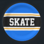 Fun Bright Blue Black Yellow SKATE Racing Stripes Paper Plate<br><div class="desc">This sporty,  athletic design features bold SKATE text inside a highlighted wide black stripe with double white and yellow racing stripes against bright blue outer stripes.   The text can be personalised.</div>