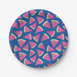 Fun Bright Blue Tropical Summer Watermelon Pattern Paper Plate