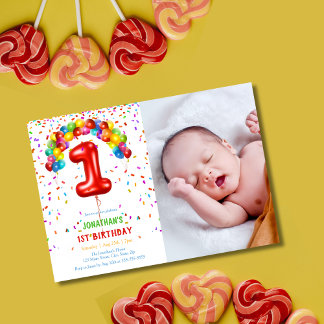 Fun Bright Confetti Balloons Photo 1st Birthday Invitation