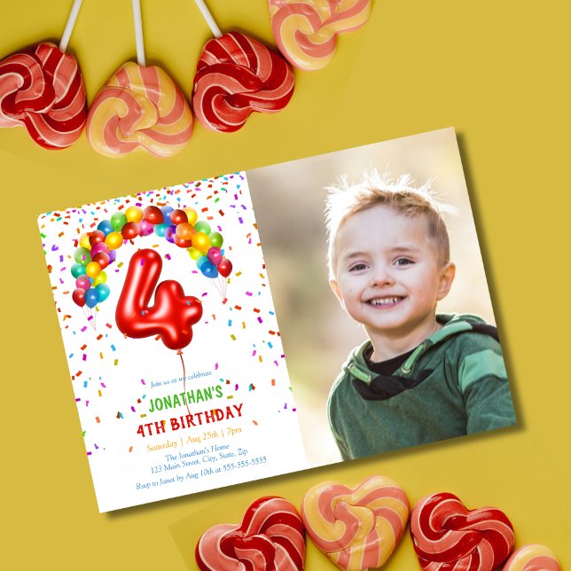 Fun Bright Confetti Balloons Photo 4th Birthday Invitation (Creator Uploaded)