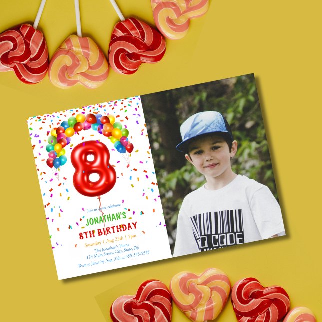 Fun Bright Confetti Balloons Photo 8th Birthday Invitation (Creator Uploaded)