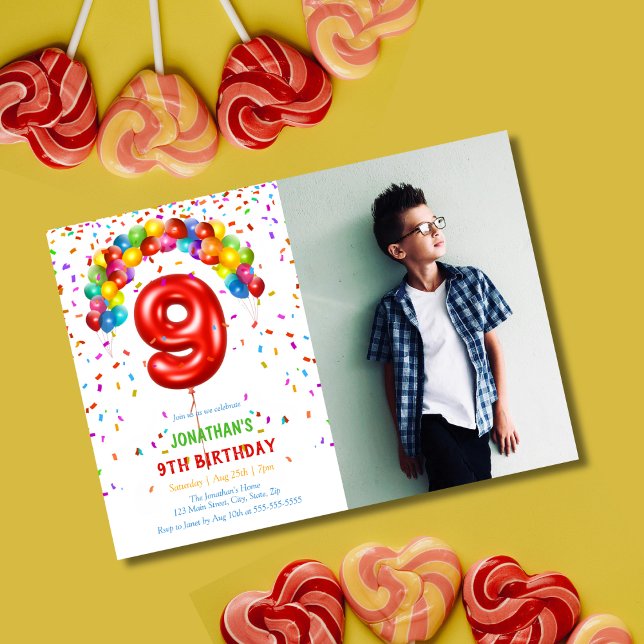 Fun Bright Confetti Balloons Photo 9th Birthday Invitation (Creator Uploaded)