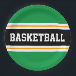 Fun Bright Green Black Yellow BASKETBALL Stripes Paper Plate<br><div class="desc">This sporty design features bold BASKETBALL text inside a wide black horizontal centre racing stripe highlighted with twin floating white pinstripes against bright kelly green outer stripes.  The text can be personalised.</div>