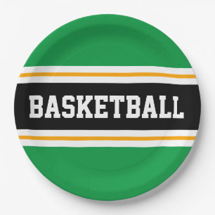 Fun Bright Green Black Yellow BASKETBALL Stripes Paper Plate