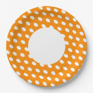 Fun Bright Orange Polka Dotted Wide Rim On White Paper Plate
