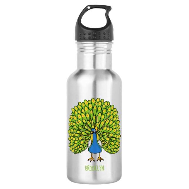 Fun bright peacock bird illustration 532 ml water bottle (Front)