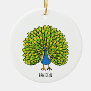 Fun bright peacock bird illustration ceramic tree decoration