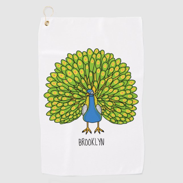 Fun bright peacock bird illustration golf towel (Front)