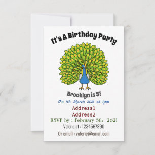 Fun bright peacock bird illustration invitation