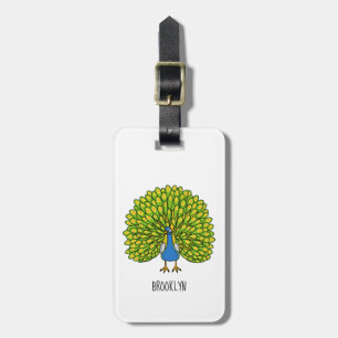 Fun bright peacock bird illustration luggage tag