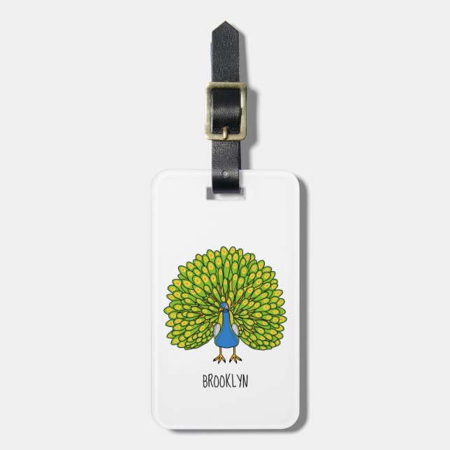 Fun bright peacock bird illustration luggage tag (Front Vertical)