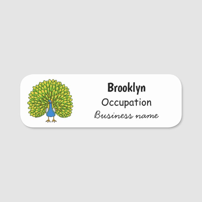 Fun bright peacock bird illustration name tag (Front)
