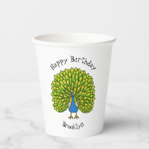 Fun bright peacock bird illustration paper cups