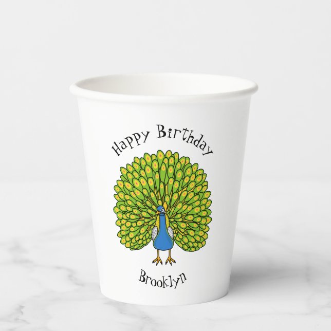 Fun bright peacock bird illustration paper cups (Front)
