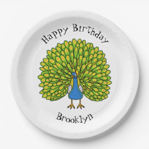 Fun bright peacock bird illustration paper plate