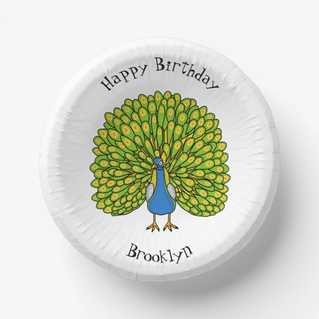 Fun bright peacock bird illustration paper plate (Front)