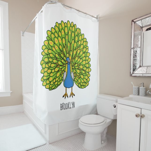 Fun bright peacock bird illustration shower curtain (In Situ)