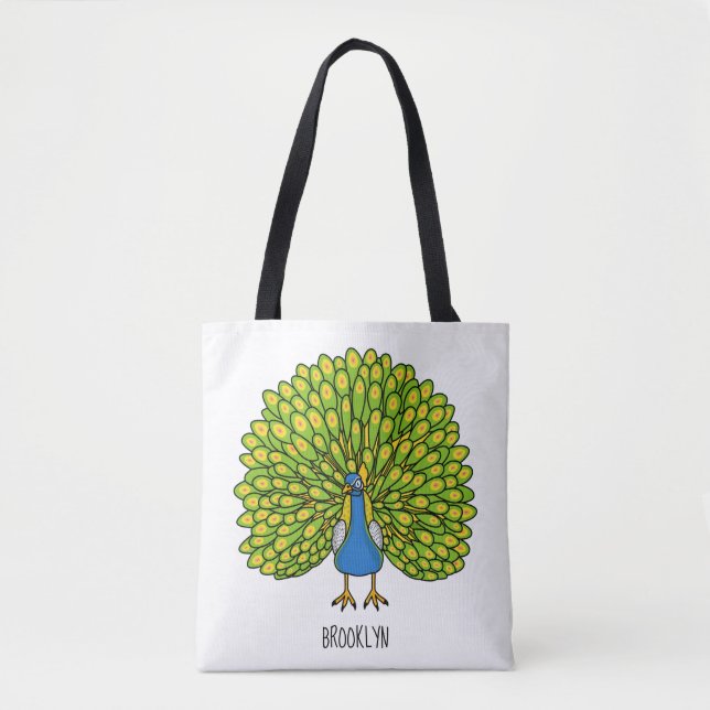 Fun bright peacock bird illustration tote bag (Front)
