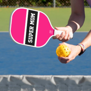 Fun Bright Pink Black White Stripes SUPER MOM Text Pickleball Paddle