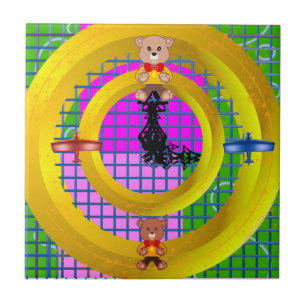Fun Bright Pink Blocks on GoldRing Green Geometric Tile
