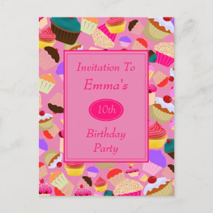 Fun, Bright Pink Cupcake Birthday Invitation Postcard