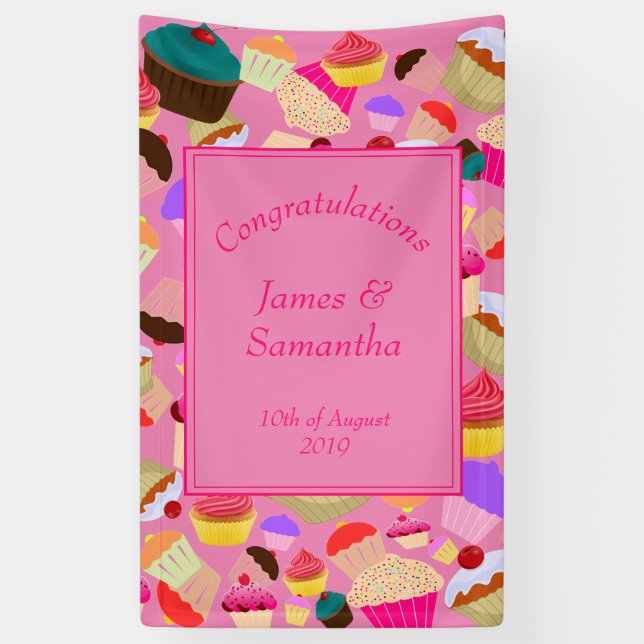 Fun, Bright Pink Cupcake  - Wedding Banner (Vertical)