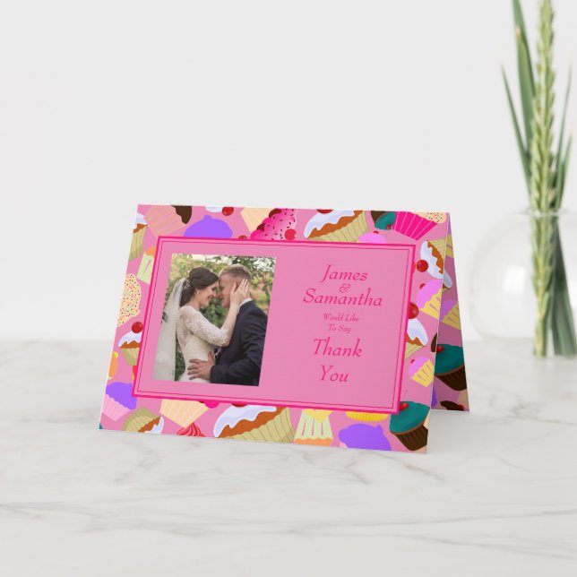 Fun, Bright Pink Cupcake  - Wedding Thank You Card (Front)