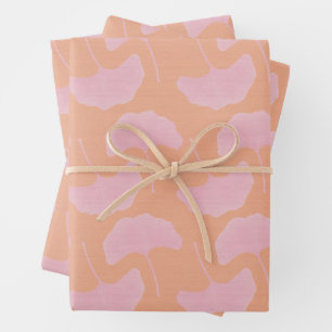Fun Bright Pink & Orange Textured Gingko Leaves Wrapping Paper Sheet
