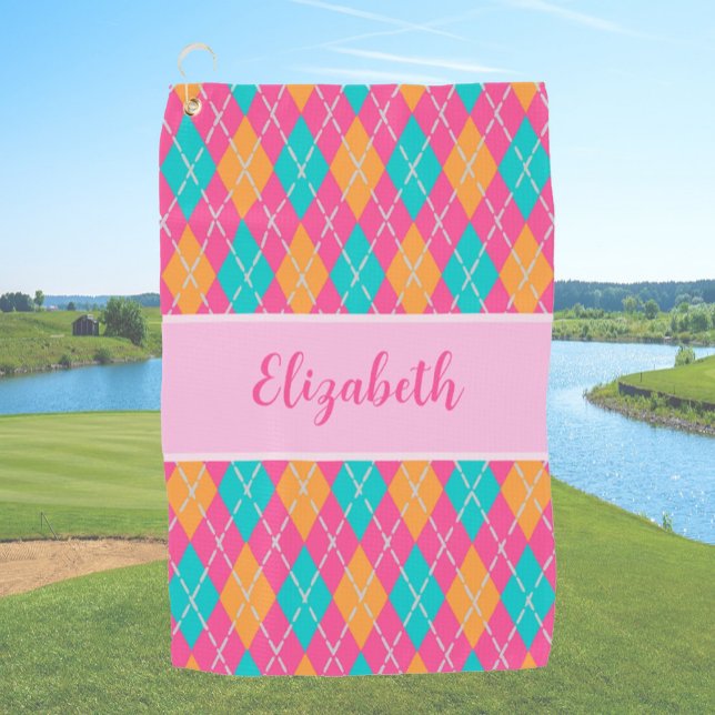Fun Bright pink preppy argyle custom name ladies Golf Towel (Creator Uploaded)