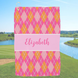 Fun Bright pink preppy argyle custom name ladies Golf Towel