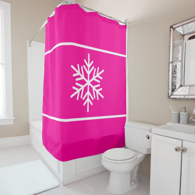 Fun Bright Pink White Snowflake Horizontal Stripes Shower Curtain (In Situ)