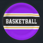 Fun Bright Purple Black Yellow BASKETBALL Stripes Paper Plate<br><div class="desc">This sporty design features bold BASKETBALL text inside a wide black horizontal centre racing stripe highlighted with twin floating white pinstripes against bright purple outer stripes.  The text can be personalised.</div>