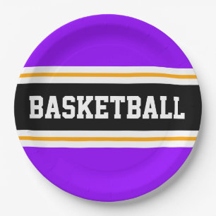 Fun Bright Purple Black Yellow BASKETBALL Stripes Paper Plate