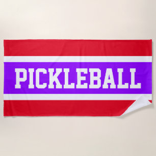 Fun Bright Purple Red PICKLEBALL Racing Stripes Beach Towel