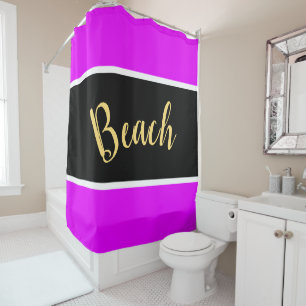 Fun Bright Tropical Pink Black Stripes Beach Text Shower Curtain