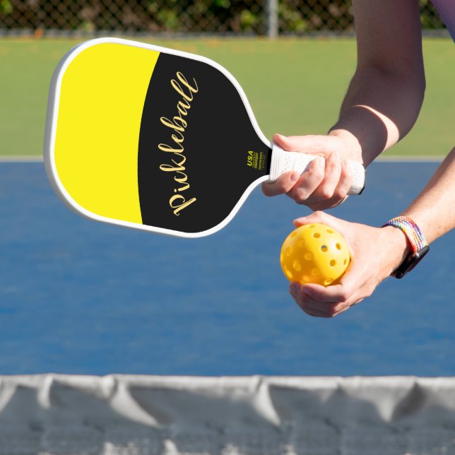 Fun Bright Vivid Yellow Black Curves Fancy Script  Pickleball Paddle (Insitu)