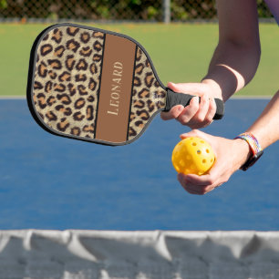 Fun Brown & Black Faux Leopard Skin with Name Pickleball Paddle