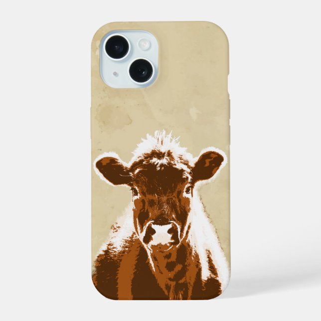 Fun Brown Cow Farm Animal Graphic Art iPhone 15 Case (Back)