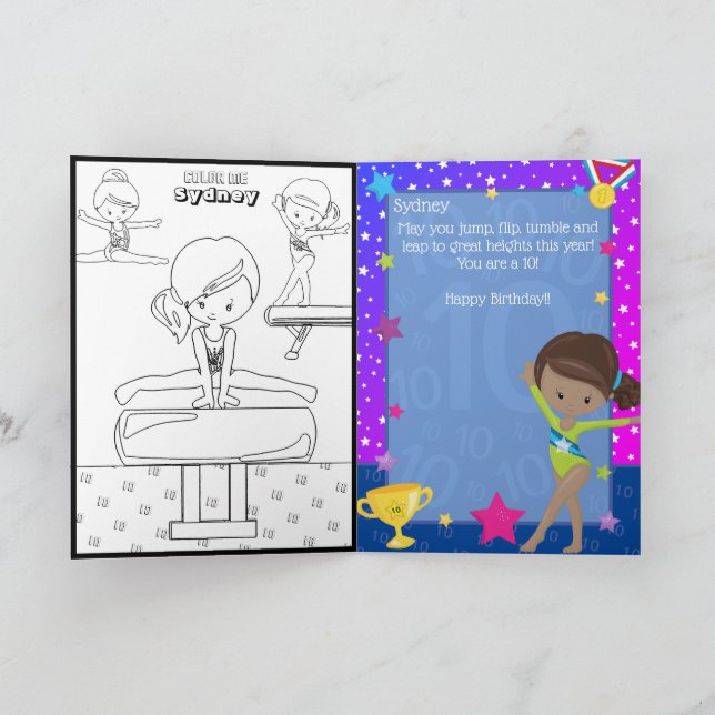 Fun Brown Girls Gymnastics Colouring Page Birthday Card (Inside)
