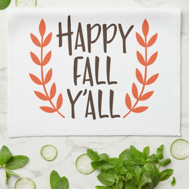 Fun Brown Orange Happy Fall Leaf Tea Towel (Folded)