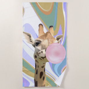 Fun Bubblegum Blowing Giraffe Liquid Swirl Blue Beach Towel