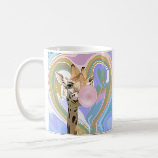 Fun Bubblegum Blowing Giraffe Liquid Swirl Blue Coffee Mug (Left)