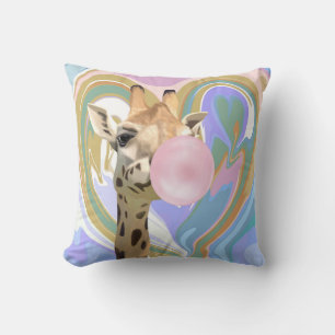 Fun Bubblegum Blowing Giraffe Liquid Swirl Blue Cushion