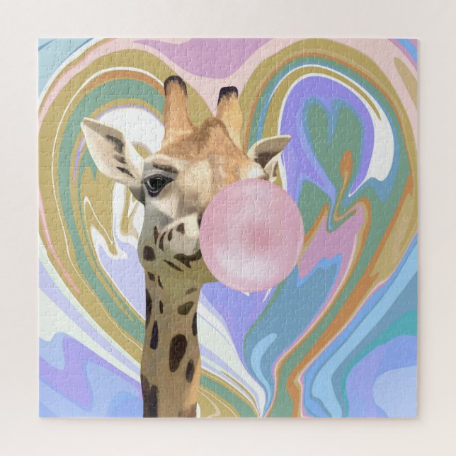 Fun Bubblegum Blowing Giraffe Liquid Swirl Blue Jigsaw Puzzle (Vertical)