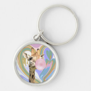 Fun Bubblegum Blowing Giraffe Liquid Swirl Blue Key Ring