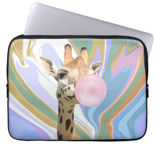 Fun Bubblegum Blowing Giraffe Liquid Swirl Blue Laptop Sleeve