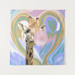 Fun Bubblegum Blowing Giraffe Liquid Swirl Blue Tapestry